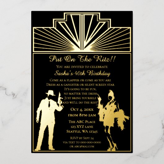 Roaring 20s art deco flapper女の子とギャング 箔招待状 (正面)