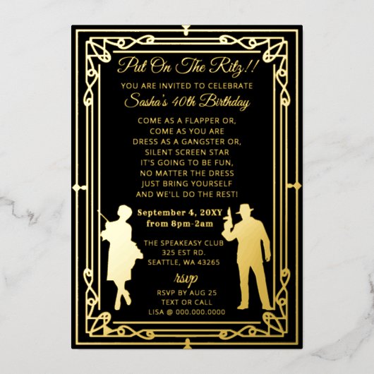 Roaring 20s art deco flapper女の子とギャング 箔招待状 (正面)