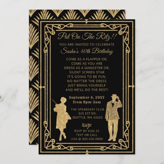 Roaring 20s art deco flapper girl and ganster inv 招待状 (正面/裏面)