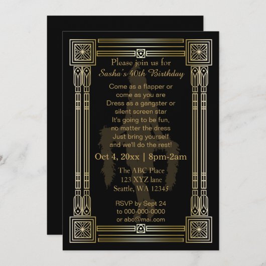 Roaring 20s art deco flapper girl invitation 招待状 (正面/裏面)