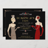 Roaring 20's Flapper金ゴールドグリッターレッドブラックレトロ 招待状 (正面/裏面)