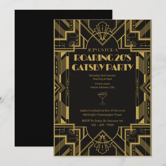 Roaring 20s Gatsby Party Birthday invitation (正面/裏面)