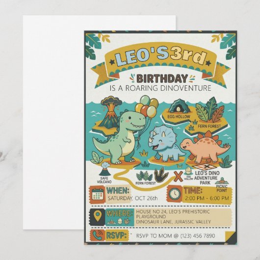 Roaring Dinosaur Adventure Map 3rd Birthday Party 招待状 (正面/裏面)