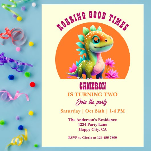 Roaring Good Times Dinosaur 2nd Birthday Party 招待状