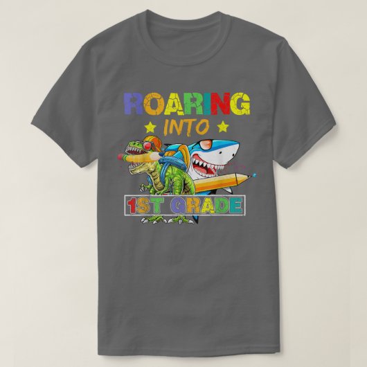 Roaring Into 1st Grade Dinosaur Shark Back to Scho Tシャツ (デザイン正面)