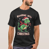 Roaring into Christmas T Rex Santa Hat Candy Cane  Tシャツ (正面)