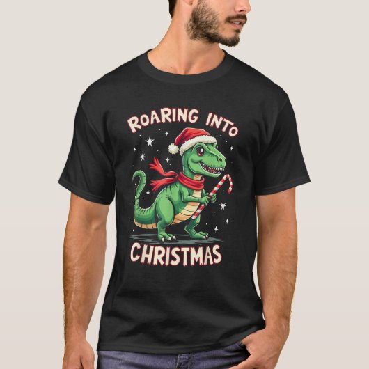 Roaring into Christmas T Rex Santa Hat Candy Cane  Tシャツ (正面)