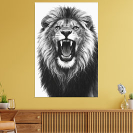 Roaring Lion Black White Powerful Wildlife Art キャンバスプリント