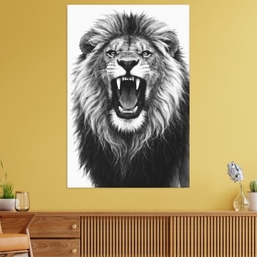 Roaring Lion Black White Powerful Wildlife Art キャンバスプリント (インサイチュ (リビング))