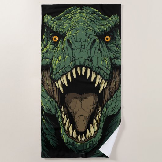 Roaring T-Rex Close-Up – Fierce Dinosaur Art ビーチタオル (正面)