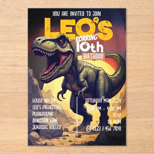 Roaring T Rex Dinosaur Birthday Party Invite アクリル招待状 (正面)
