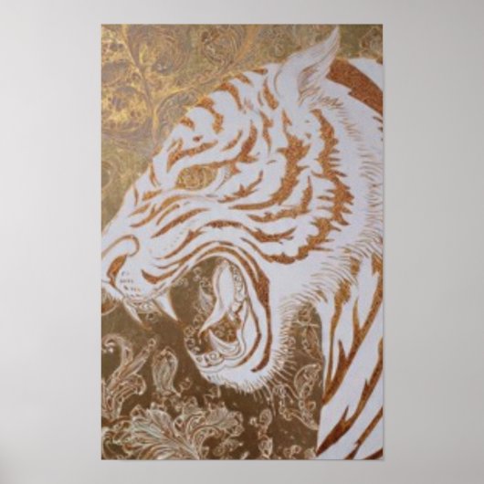 Roaring White Tiger Poster – Ornate Gold Design ポスター (正面)