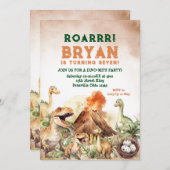 Roarrr Jurassic Dinosaur Boy Dino Birthday Party 招待状 (正面/裏面)