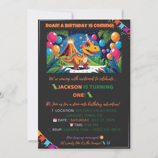 Roarsome Dino Birthday Card – Editable 招待状 (正面)