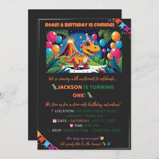 Roarsome Dino Birthday Card – Editable 招待状 (正面/裏面)