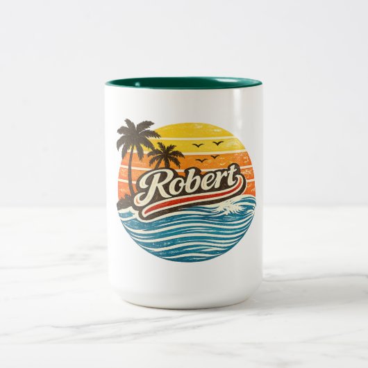 Robert Retro Sunset Name Design ツートーンマグカップ (中央)
