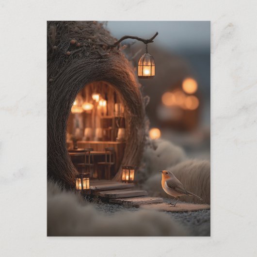 Robin and Glowing Fairy House in a Magical Forest ポストカード (正面)