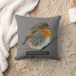 Robin bird family monogram name gray クッション