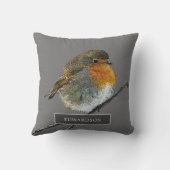Robin bird family monogram name gray クッション (裏面)