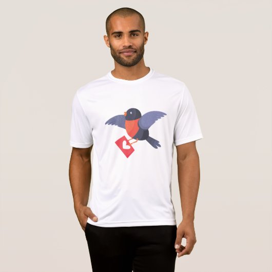 Robin Bird Flying with Red Heart Love Letter Tシャツ (正面フル)