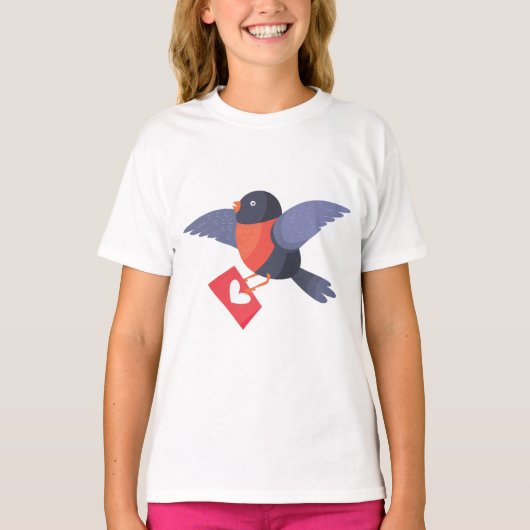 Robin Bird Flying with Red Heart Love Letter Tシャツ (正面)