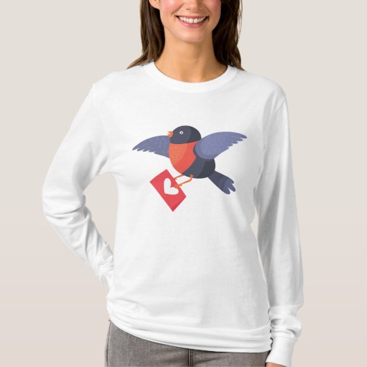 Robin Bird Flying with Red Heart Love Letter Tシャツ (正面)