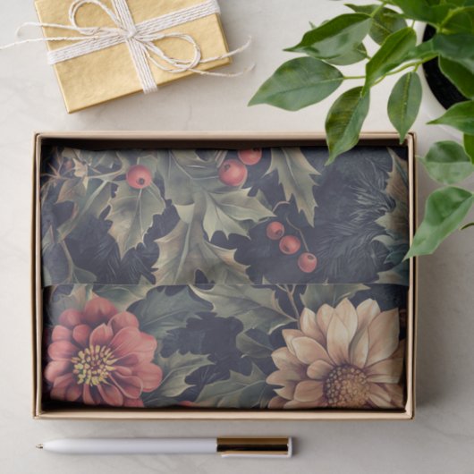 Robin Bird on a Holly Branch with Flowers 薄葉紙 (ギフト)