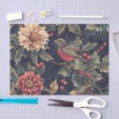 Robin Bird on a Holly Branch with Flowers 薄葉紙 (クラフト)