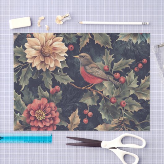 Robin Bird on a Holly Branch with Flowers 薄葉紙 (クラフト)