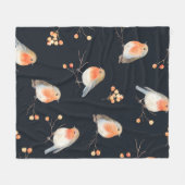 Robin birds and berries rowan on dry branches, sea フリースブランケット (正面(横))