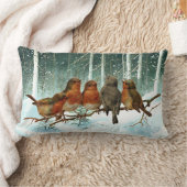 Robin Birds on Branch Snow Forest Winter Christmas ランバークッション (ブランケット)