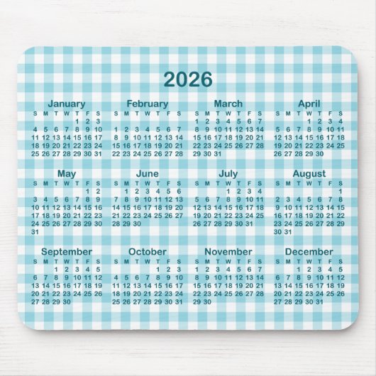 Robin Egg Blue Gingham Plaid 2026 Calendar マウスパッド (正面)