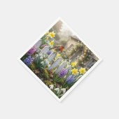 Robin On a Spring Garden Picket Fence スタンダードカクテルナプキン (角)