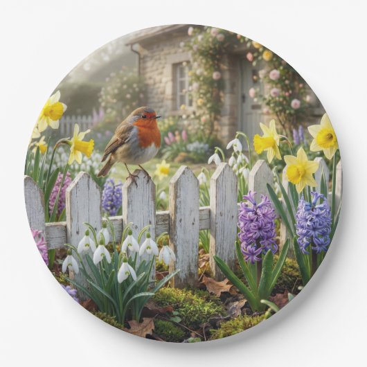 Robin On a Spring Garden Picket Fence ペーパープレート (正面)
