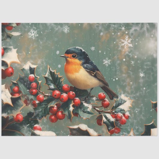 Robin on Holly Branch in Snow Decompage 薄葉紙 (正面)