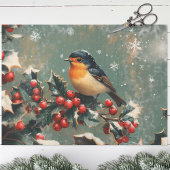 Robin on Holly Branch in Snow Decompage 薄葉紙