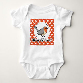 Robin on Orange White Bird Pattern - Merry Xmas ベビーボディスーツ