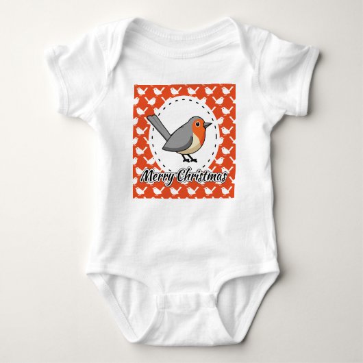Robin on Orange White Bird Pattern - Merry Xmas ベビーボディスーツ (正面)