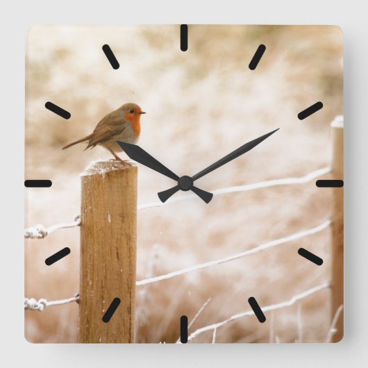 Robin on the Fence Post Clock スクエア壁時計 (正面)
