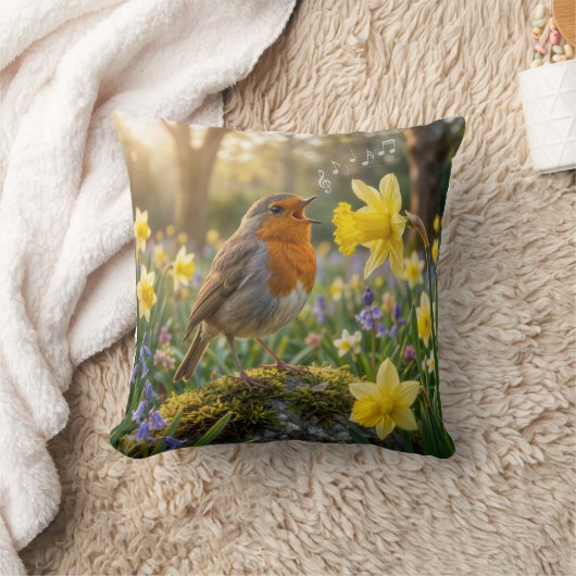 Robin Singing Into a Daffodil クッション (ブランケット)