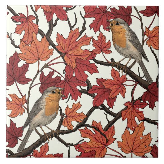 Robins in maple tree on off white タイル (正面)