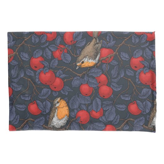 Robins in the apple tree/blue and red  枕カバー (正面左)
