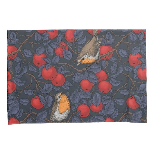 Robins in the apple tree/blue and red  枕カバー (正面右)