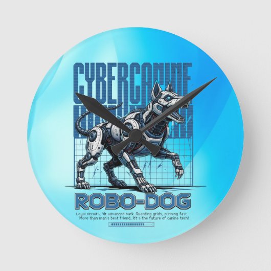 Robo Dog – Futuristic Cyber Canine ラウンド壁時計 (正面)