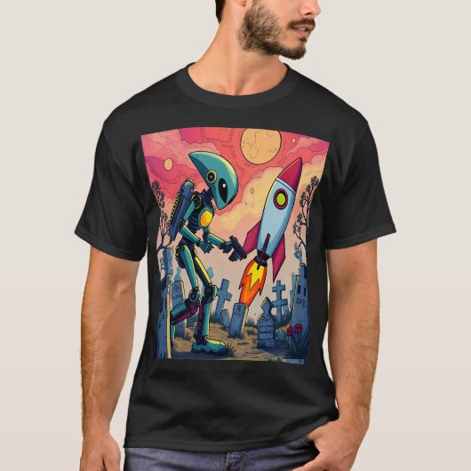 Robot and Rocket in Futuristic Cemetery Tシャツ (正面)
