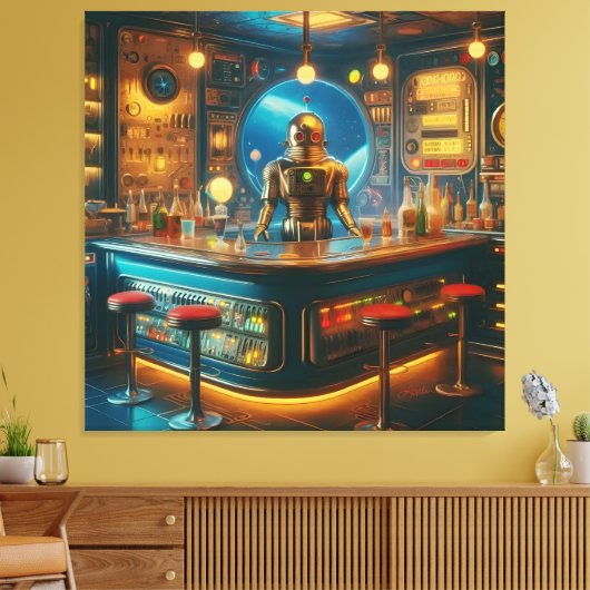 Robot Bartender in Interstellar Space Age Dive Bar キャンバスプリント (インサイチュ (リビング))