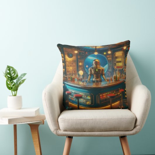 Robot Bartender in Interstellar Space Age Dive Bar クッション (椅子)