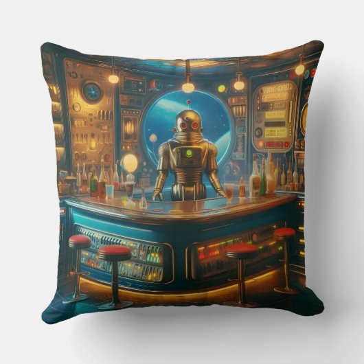Robot Bartender in Interstellar Space Age Dive Bar クッション (裏面)