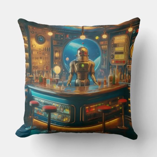 Robot Bartender in Interstellar Space Age Dive Bar クッション (正面)