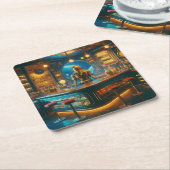 Robot Bartender in Interstellar Space Age Dive Bar スクエアペーパーコースター (アングル)